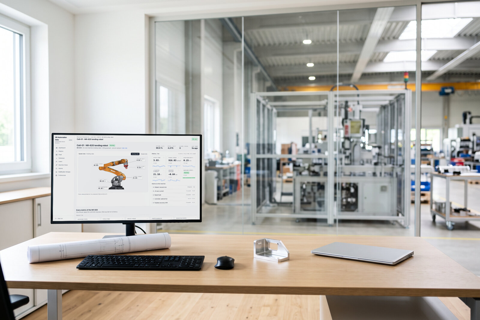 An engineer's desk at the machine builder: the monitor showing the page of a newly connected robot with its first live values, the assembly hall through the glass wall. Illustrative photo, demo data.