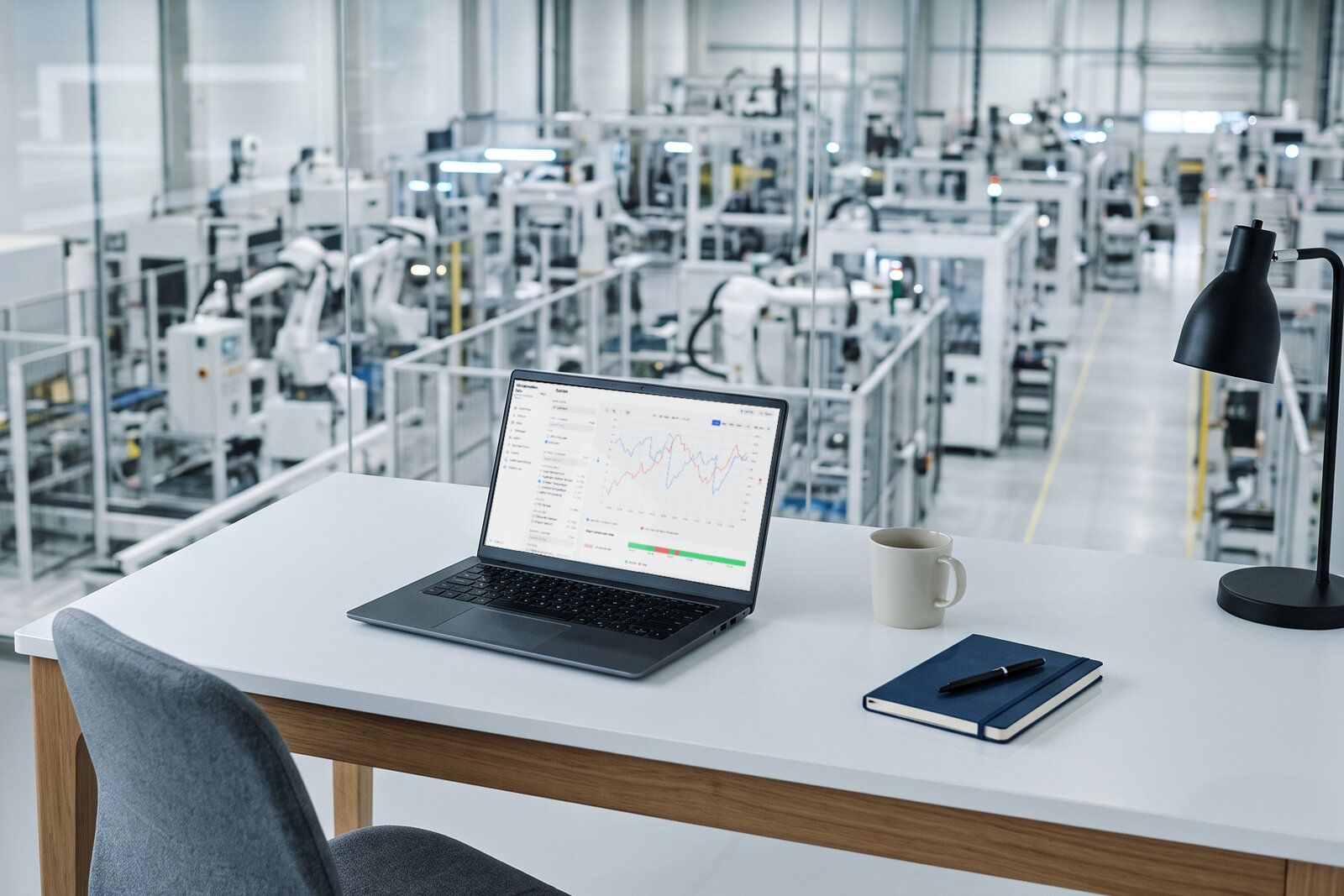 A production manager's office above the hall: a laptop on the desk showing an Explore chart under the customer's own brand, the robot cells through the glass wall. Illustrative photo, demo data.