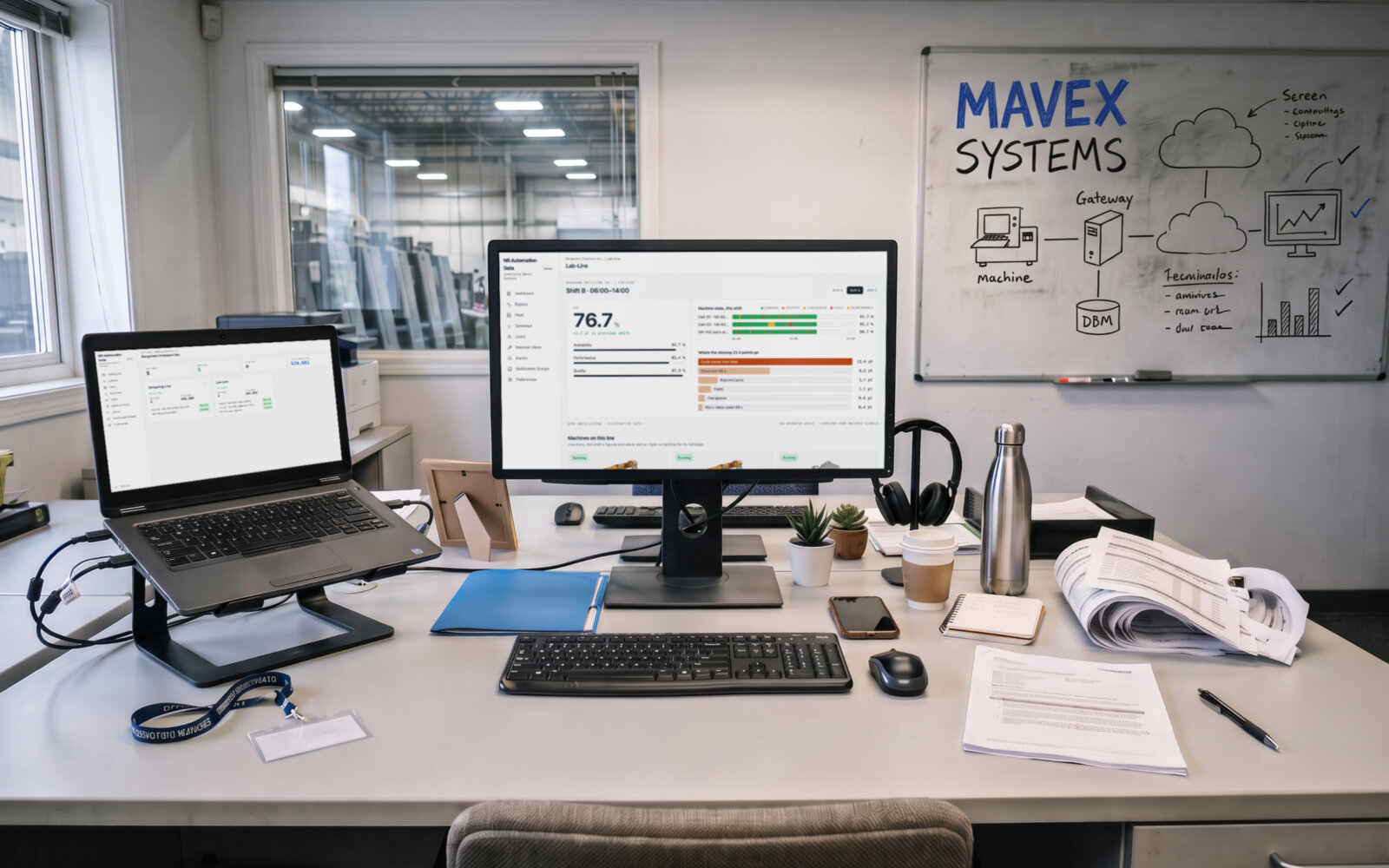 A production manager's desk: the monitor showing a line's OEE for the shift and the docked laptop the customer dashboard, under the customer's own brand, a Mavex sketch on the whiteboard, the hall through the window. Demo data, illustrative photo.