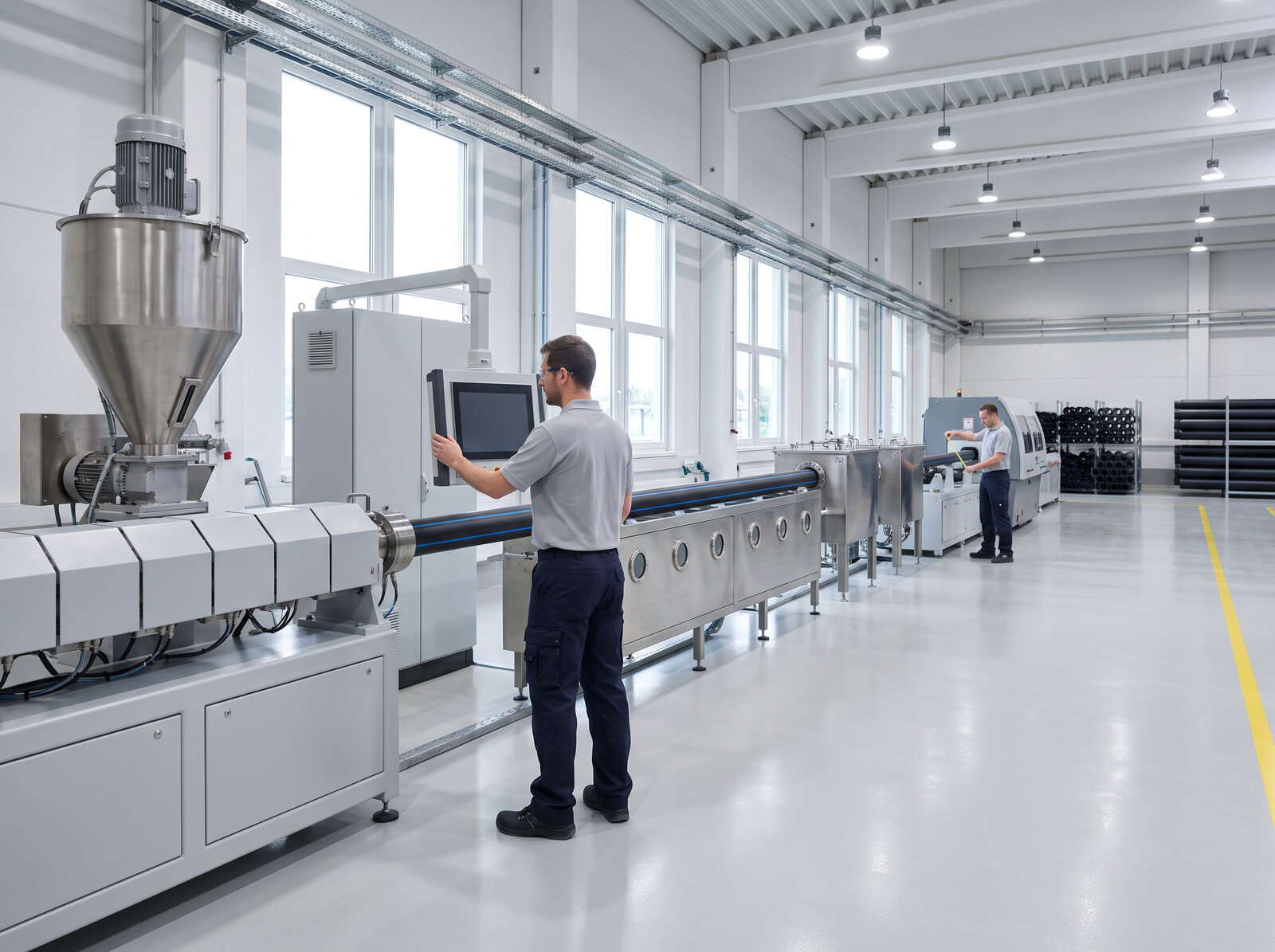 A clean, modern plastic pipe extrusion hall: an operator at the control panel of the extruder, a black pipe running into the vacuum and cooling tanks, a second operator at the far end of the line. Illustrative photo, not the customer's plant.