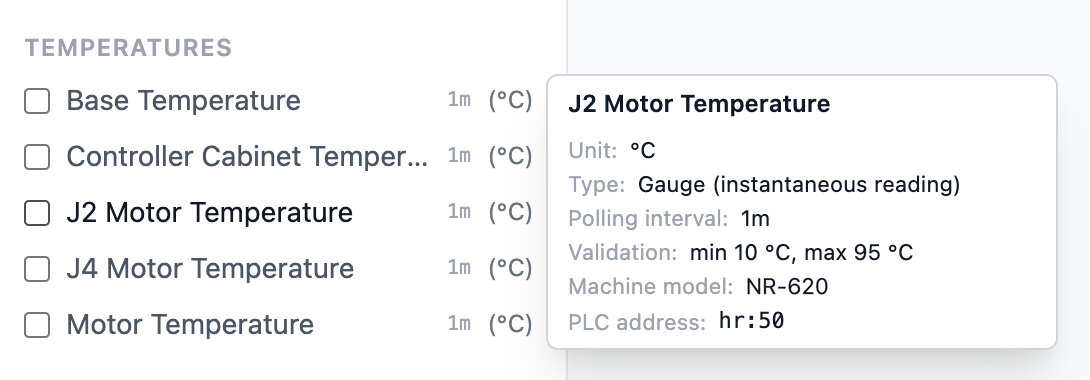 Mavex portal screenshot: a metric list with one metric's definition open - unit, gauge or counter, polling interval, valid range, the machine model that reports it and its PLC address. Demo data.